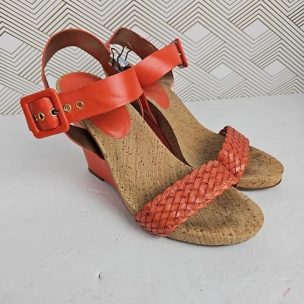 BCBGeneration Womens Orange Faux Leather Wedges US 8.5 Cork‎ Footbed PL-Bana